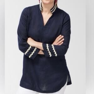 Chico’s 100% Linen Tunic Rick Rack Trim 3/4 Sleeve Navy Blue Size 10 (1.5)
